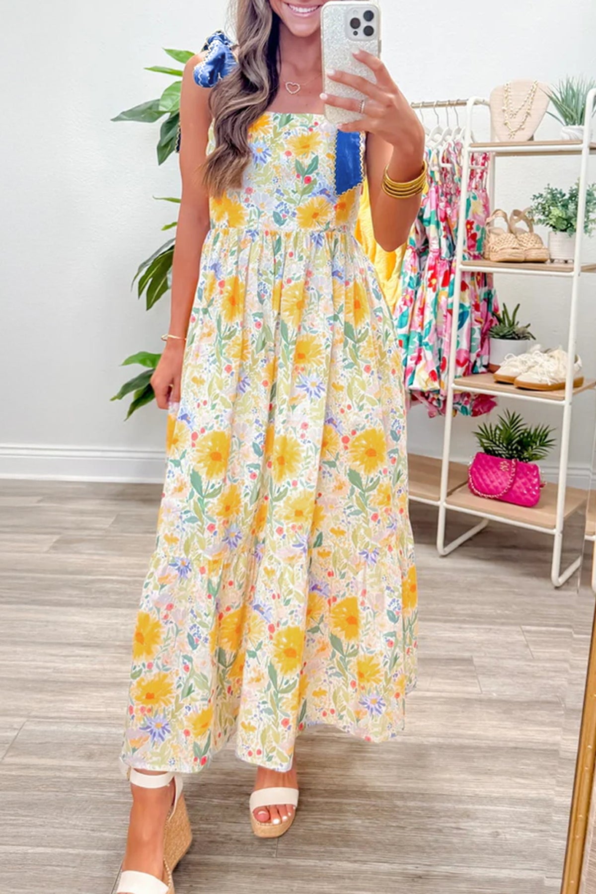 KaleaBoutique Comfortable Floral Print Contrast Stitched Knot Denim Straps High Waist Dress - KaleaBoutique.com