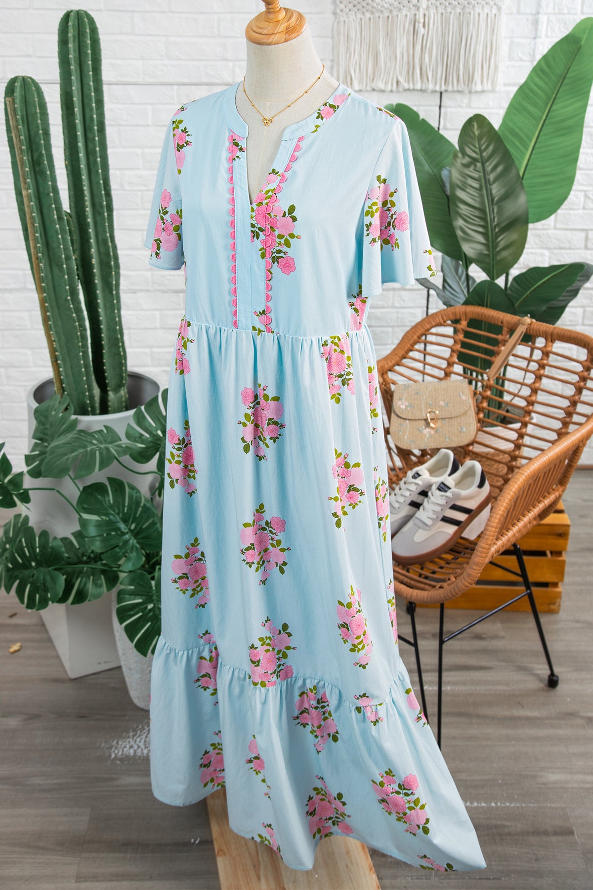 KaleaBoutique Comfortable Notched Neck Flutter Short Sleeve Floral Print Maxi Dress - KaleaBoutique.com