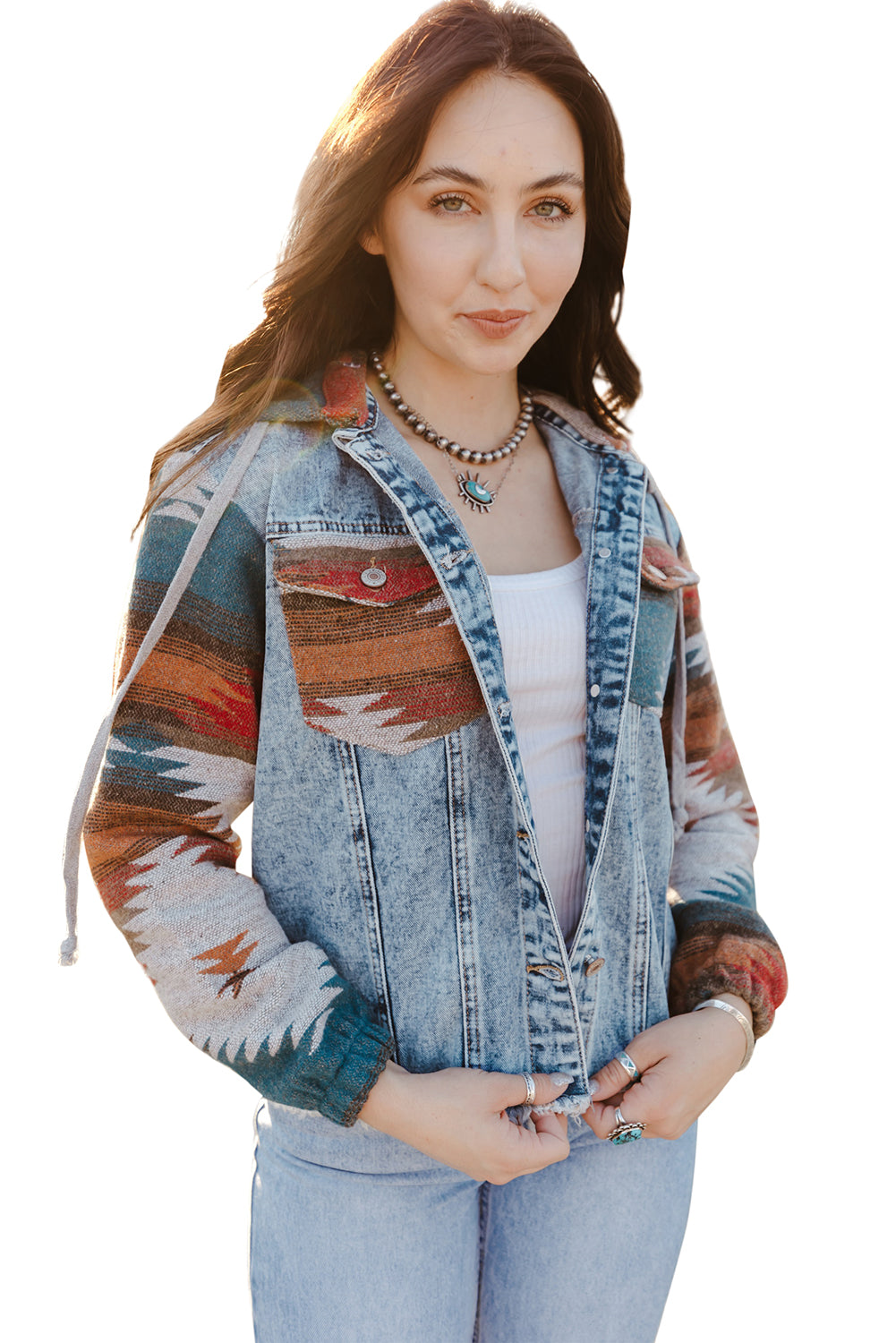 KaleaBoutique Stylish Aztec Print Frayed Hem Denim Jacket - KaleaBoutique.com