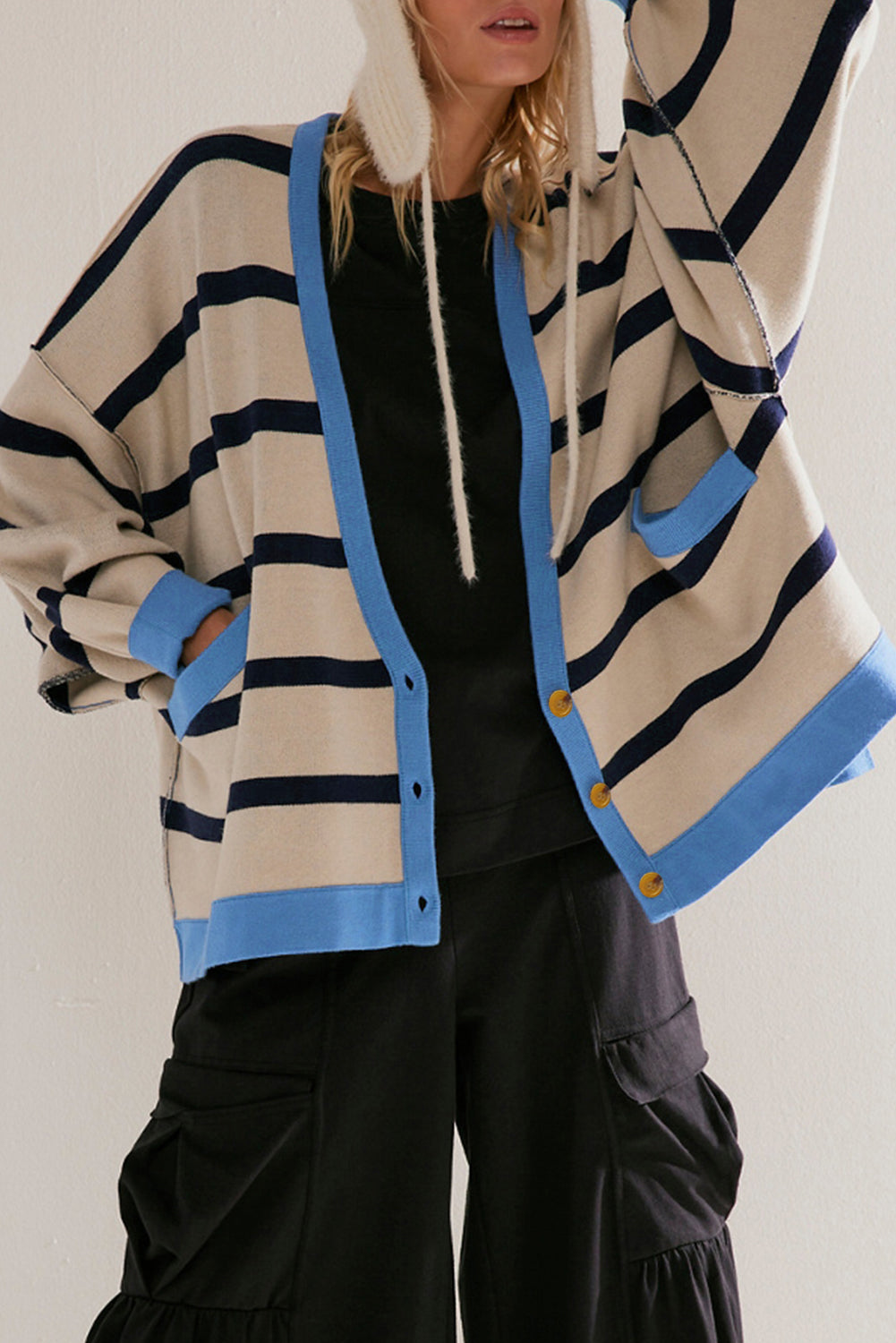 Colorblock Drop Shoulder Buttoned Loose Cardigan - KaleaBoutique.com