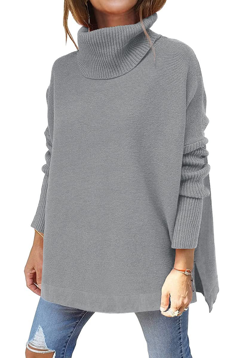 Turtleneck Sweater Mid Length Batwing Sleeve Slit Hem Tunic Pullover Sweaters Winter Tops Women Clothing - KaleaBoutique.com