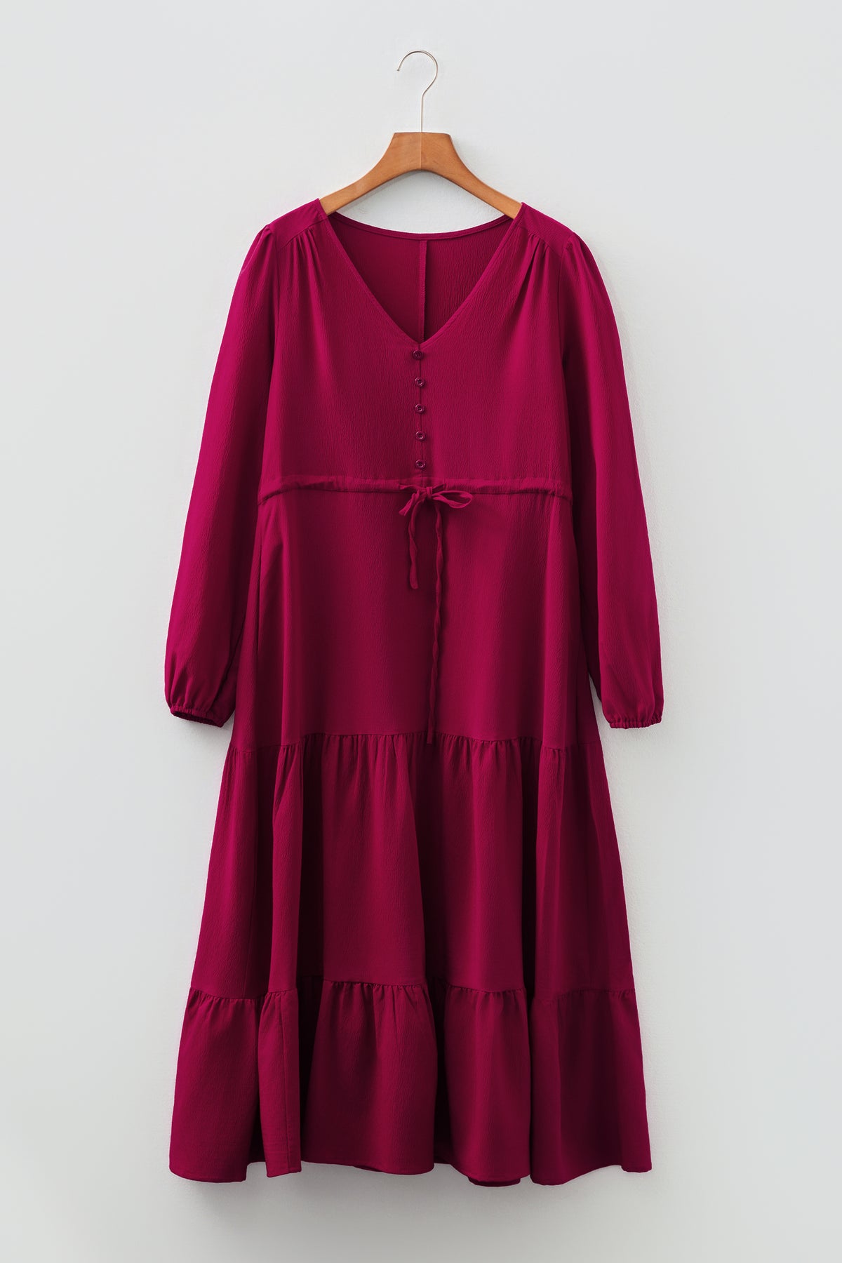 Solid Long Sleeve Button V Neck Tiered Maxi Dress - KaleaBoutique.com