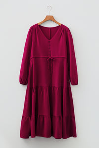 Solid Long Sleeve Button V Neck Tiered Maxi Dress - KaleaBoutique.com