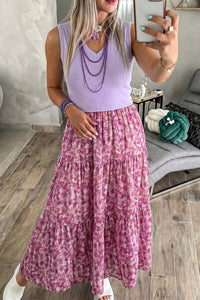KaleaBoutique Stylish Ribbed V Neck Tank Floral Contrast Patchwork Long Dress - KaleaBoutique.com