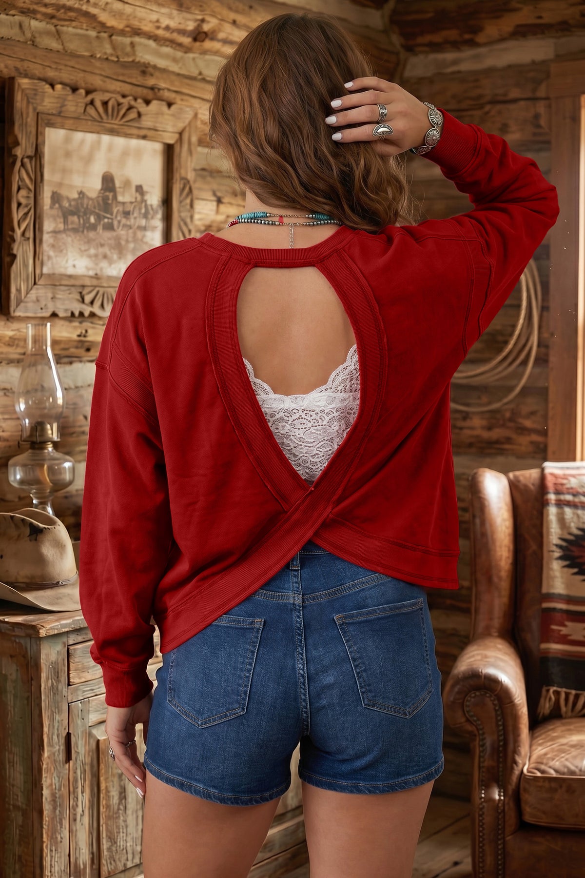 KaleaBoutique Stylish Ribbed Detail Drop Shoulder Cutout Back Sweatshirt - KaleaBoutique.com