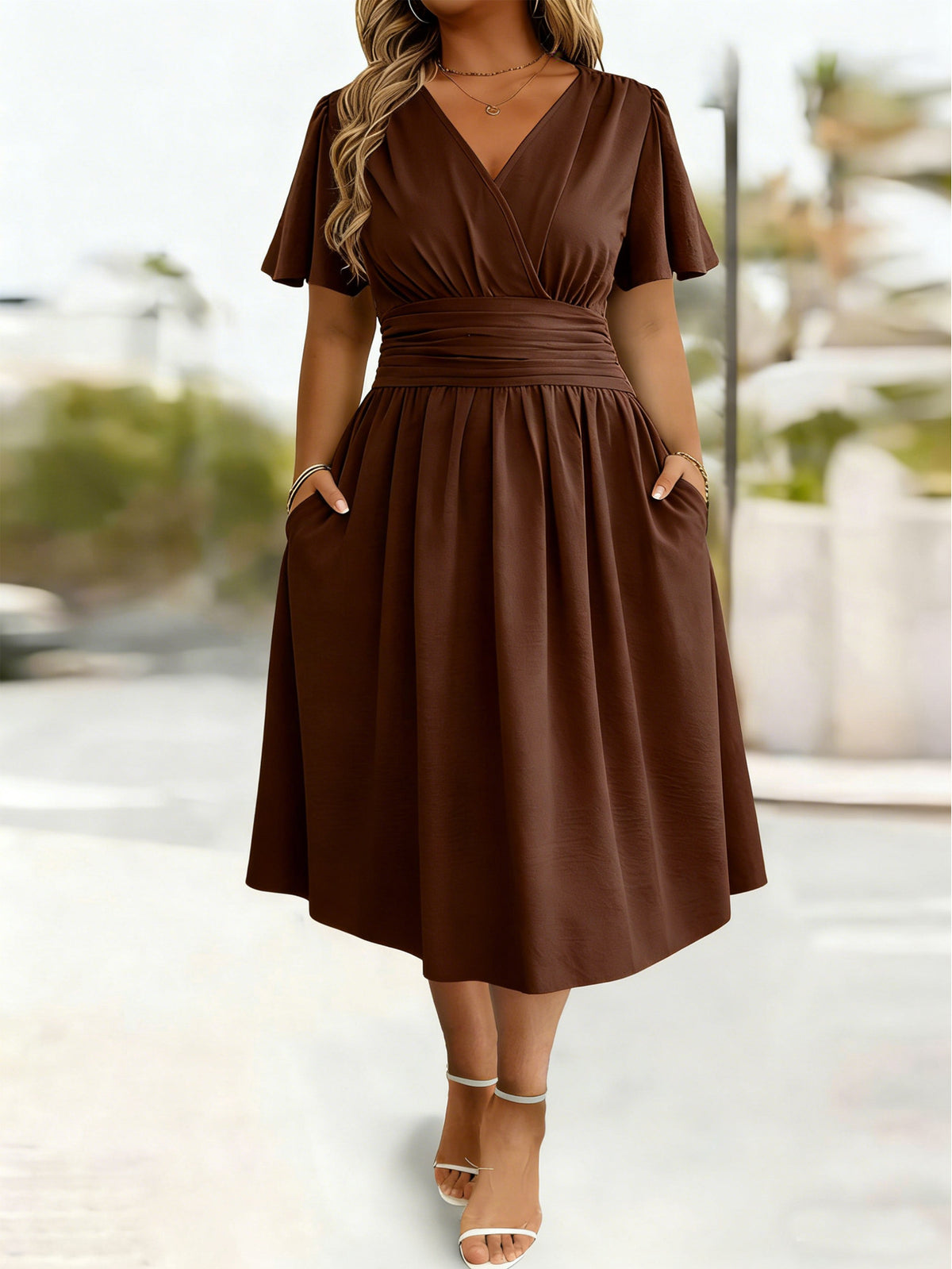 Women's V-Neck Flutter-Sleeve Gathered-Waist Midi Dress - KaleaBoutique.com