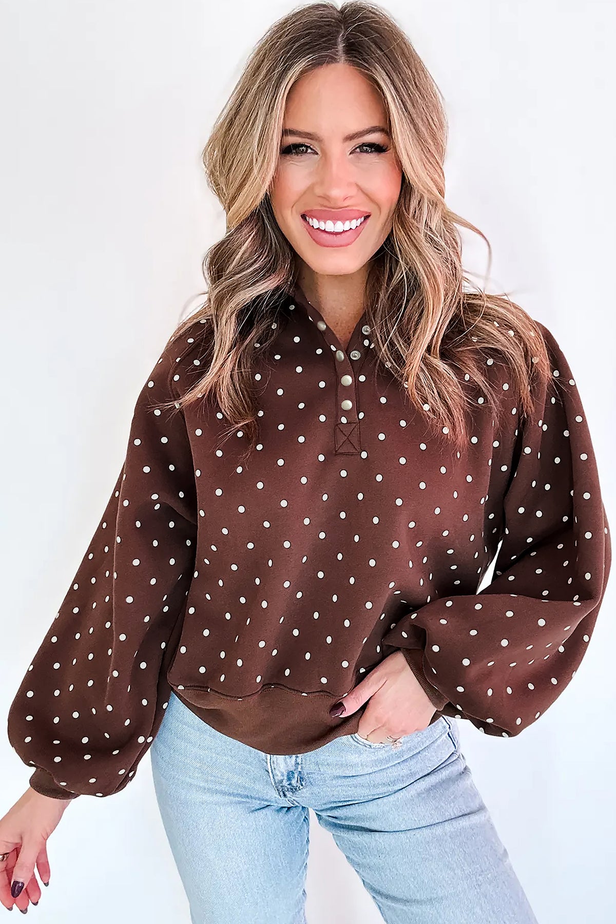 KaleaBoutique Stylish Polka Dot Print Metal Button Collar Casual Pullover Sweatshirt - KaleaBoutique.com