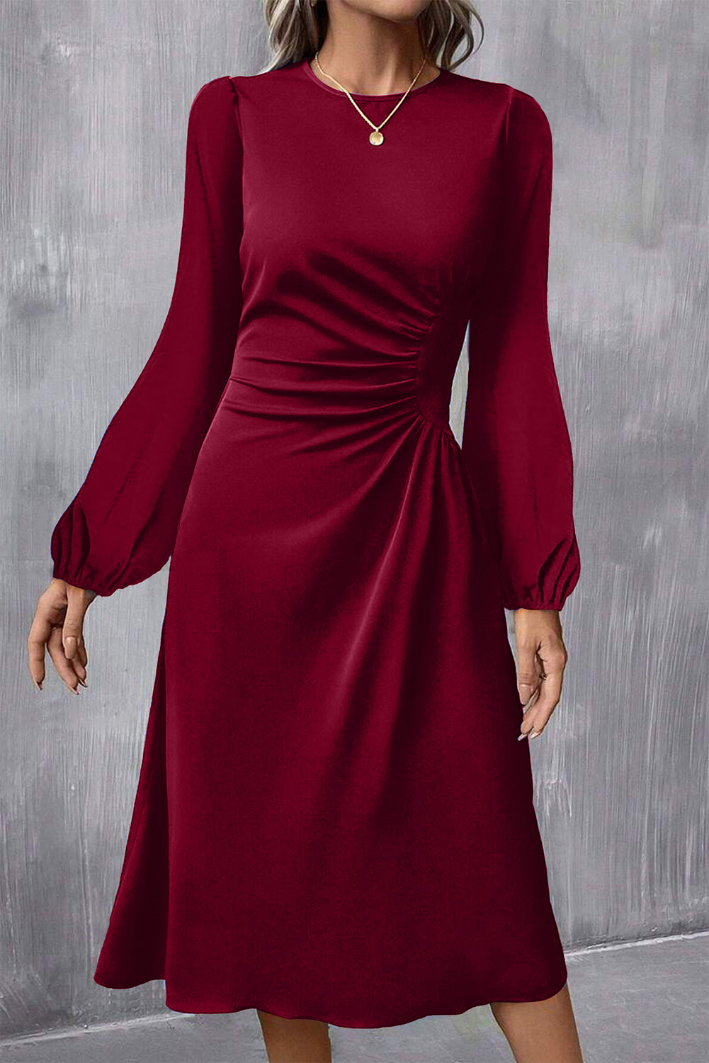 Solid Color Ruched Detail Long Sleeve Midi Dress - KaleaBoutique.com