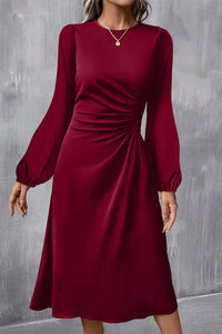 Solid Color Ruched Detail Long Sleeve Midi Dress - KaleaBoutique.com