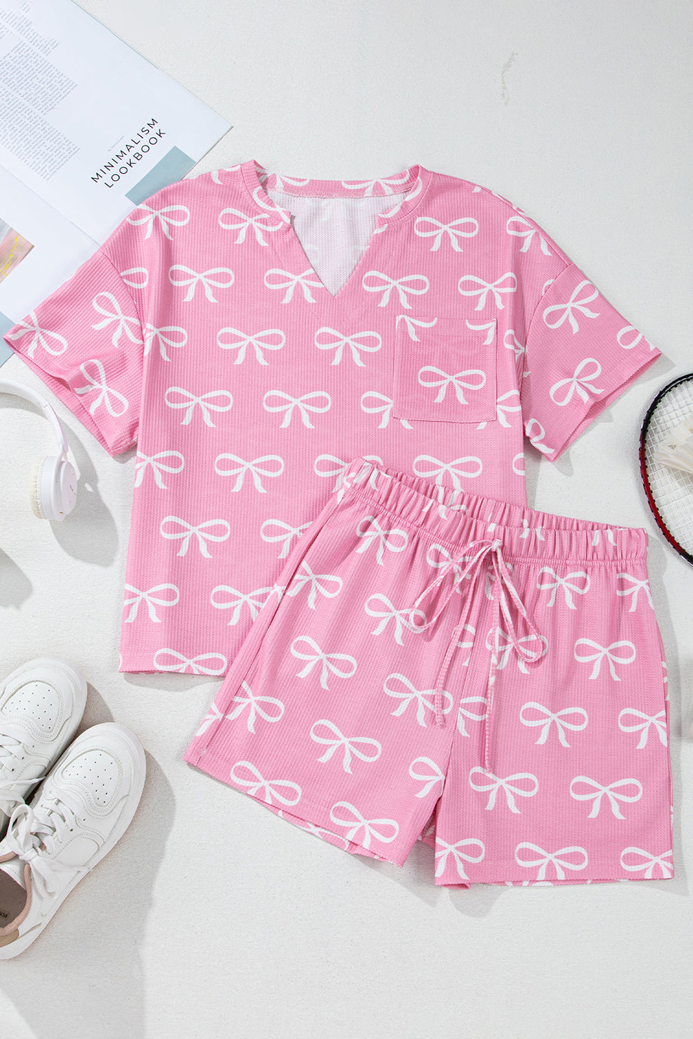 KaleaBoutique Stylish Waffle Knit Bowknot Printed V Neck T Shirt and Shorts Set - KaleaBoutique.com