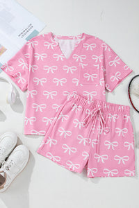KaleaBoutique Stylish Waffle Knit Bowknot Printed V Neck T Shirt and Shorts Set - KaleaBoutique.com