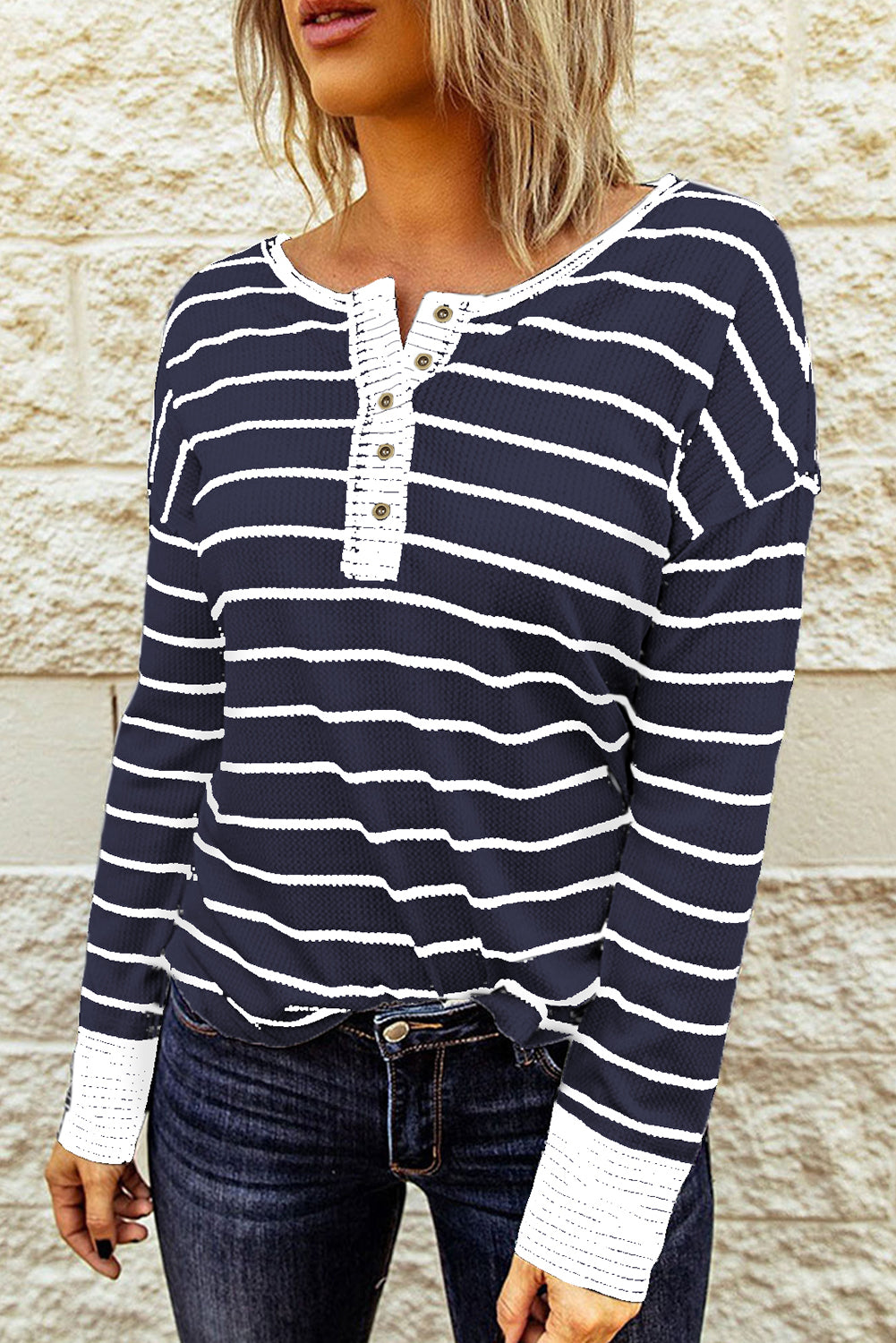 KaleaBoutique Stylish Striped Buttoned Henley Waffle Knit Top - KaleaBoutique.com