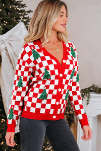 KaleaBoutique Comfortable Checkered Christmas Tree Pattern Button V Neck Cardigan Sweater - KaleaBoutique.com