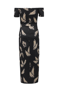 KaleaBoutique Stylish Black Pattern Print Off Shoulder Slit Bodycon Midi Dress - KaleaBoutique.com