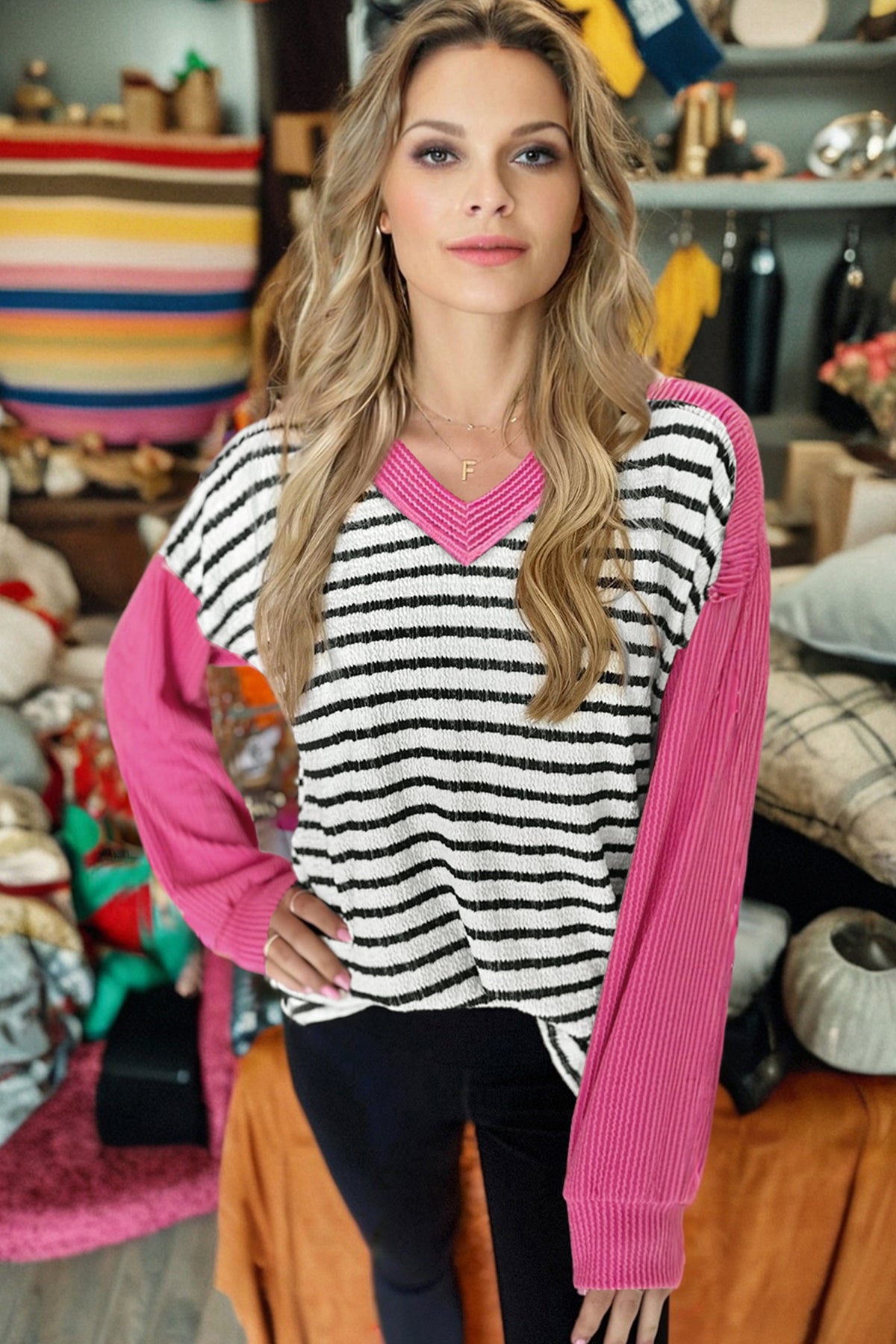 Textured Knit Twisted Rib Contrast Patchwork V Neck Long Sleeve Top - KaleaBoutique.com