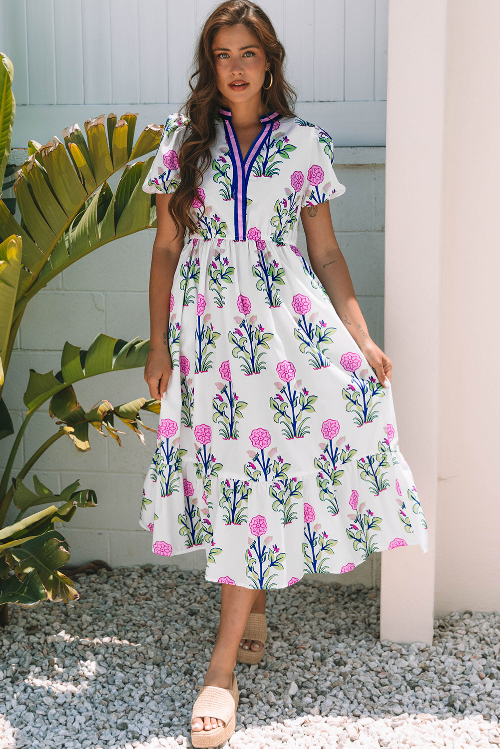 Floral Puff Short Sleeve V Neck High Waist Maxi Dress - KaleaBoutique.com