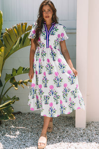 Floral Puff Short Sleeve V Neck High Waist Maxi Dress - KaleaBoutique.com