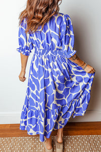 Abstract Print Smocked Waist Puff Half Sleeve Maxi Dress - KaleaBoutique.com
