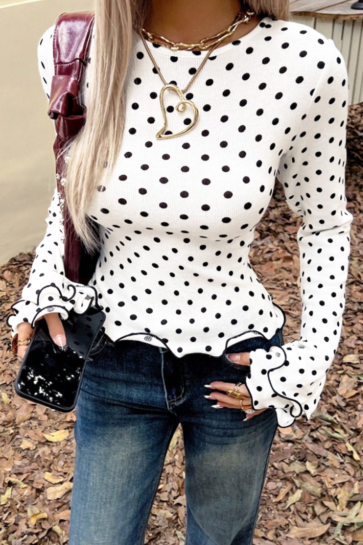 KaleaBoutique Stylish Polka Dot Print Lettuce Trim Long Sleeve Top - KaleaBoutique.com