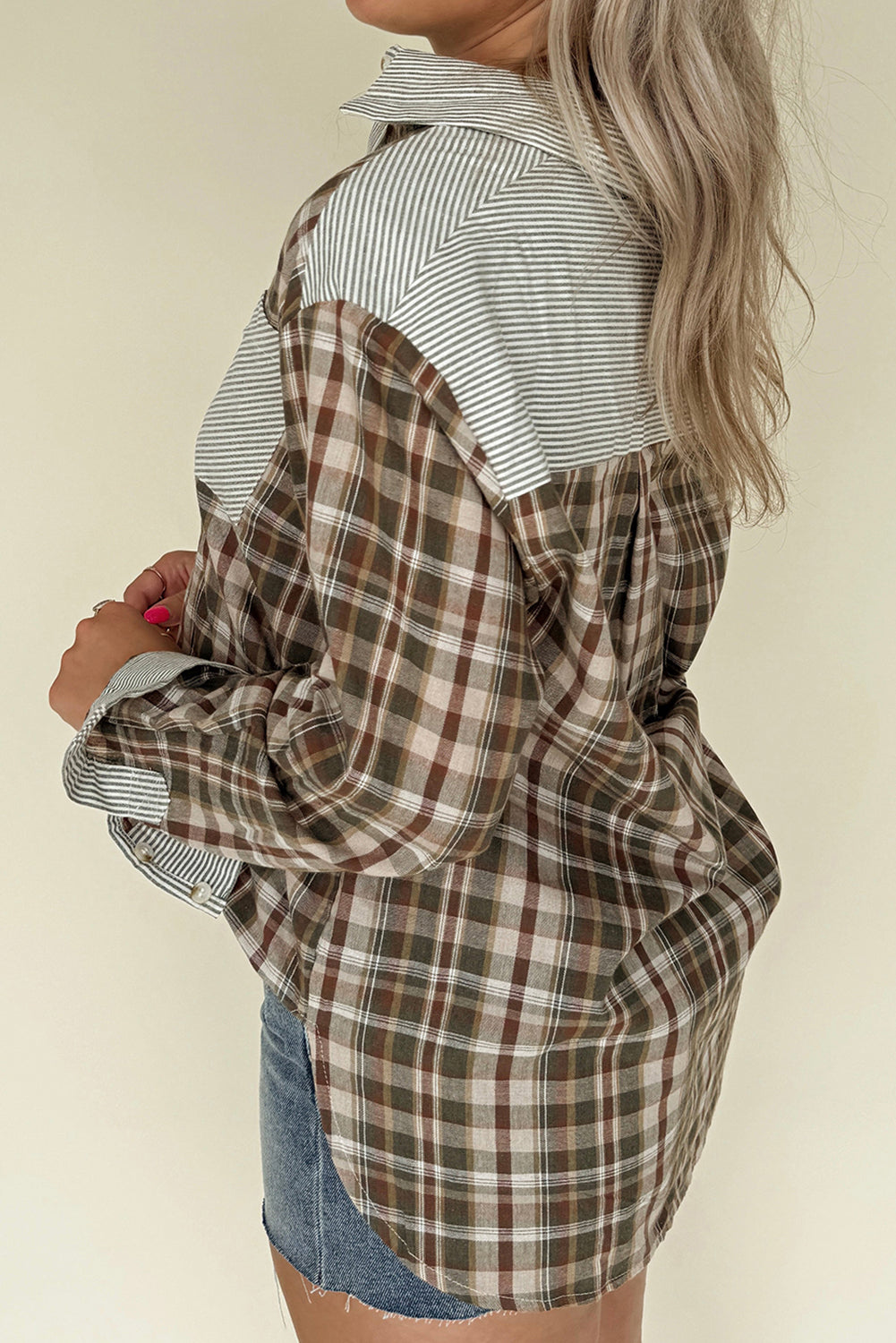 KaleaBoutique Stylish Plaid Print Striped Patchwork Single Chest Pocket Buttoned Shirt - KaleaBoutique.com