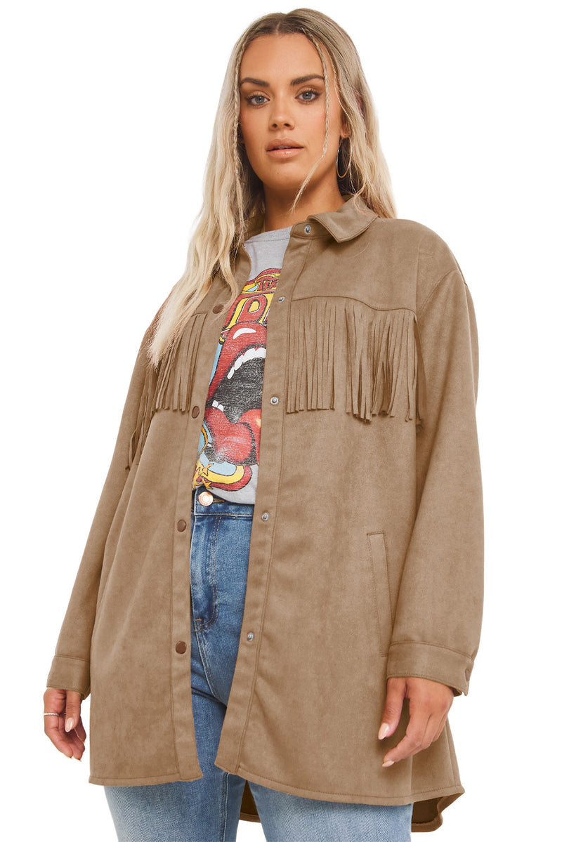 KaleaBoutique Fringe Trim Plus Size Suede Shacket - KaleaBoutique.com