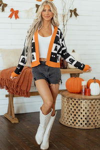 Black Geometric Ghost Print Knit Cardigan with Orange Trim - KaleaBoutique.com