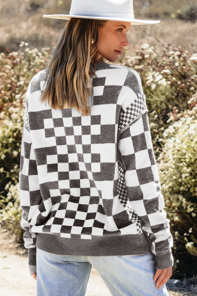 KaleaBoutique Checkered Print Drop Shoulder Round Neck Sweater - KaleaBoutique.com