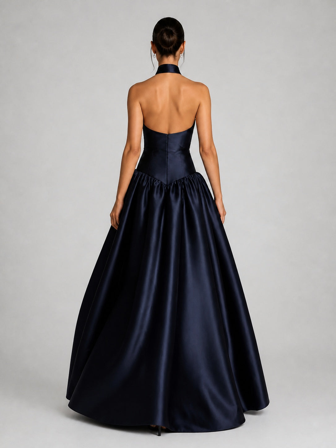 Midnight Navy Satin Halter Neck Ball-Gown Evening Dress - KaleaBoutique.com