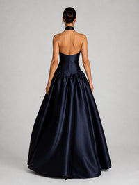 Midnight Navy Satin Halter Neck Ball-Gown Evening Dress - KaleaBoutique.com