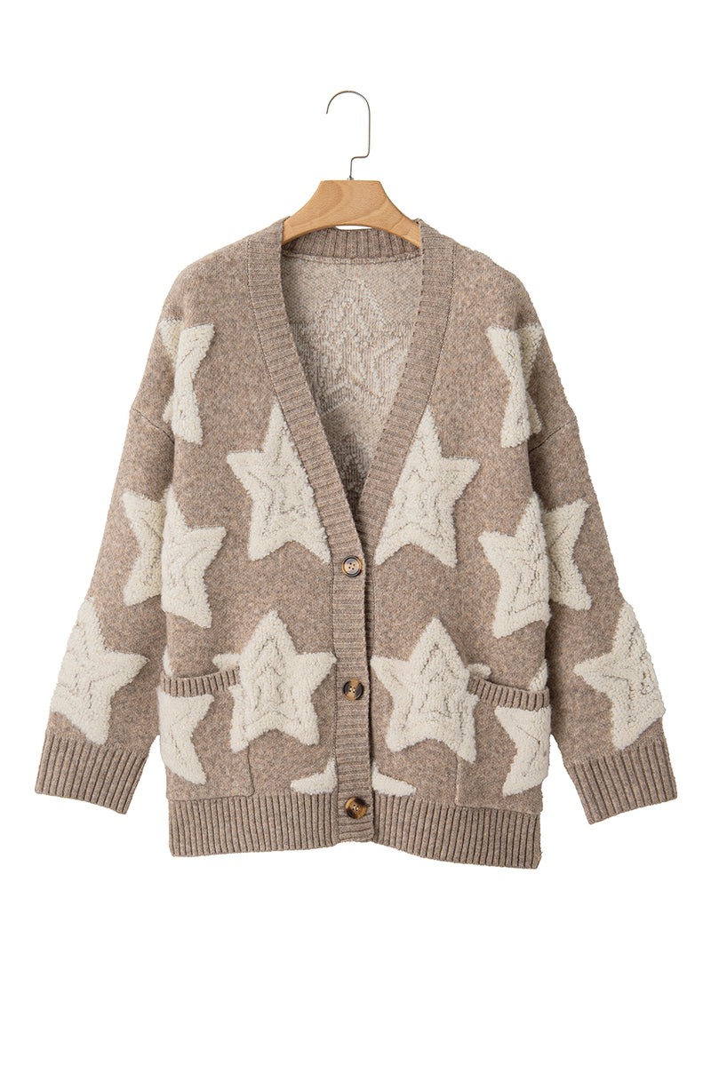 KaleBoutique Stylish Sherpa Star Pattern Textured Sweater Cardigan with Pockets - KaleaBoutique.com