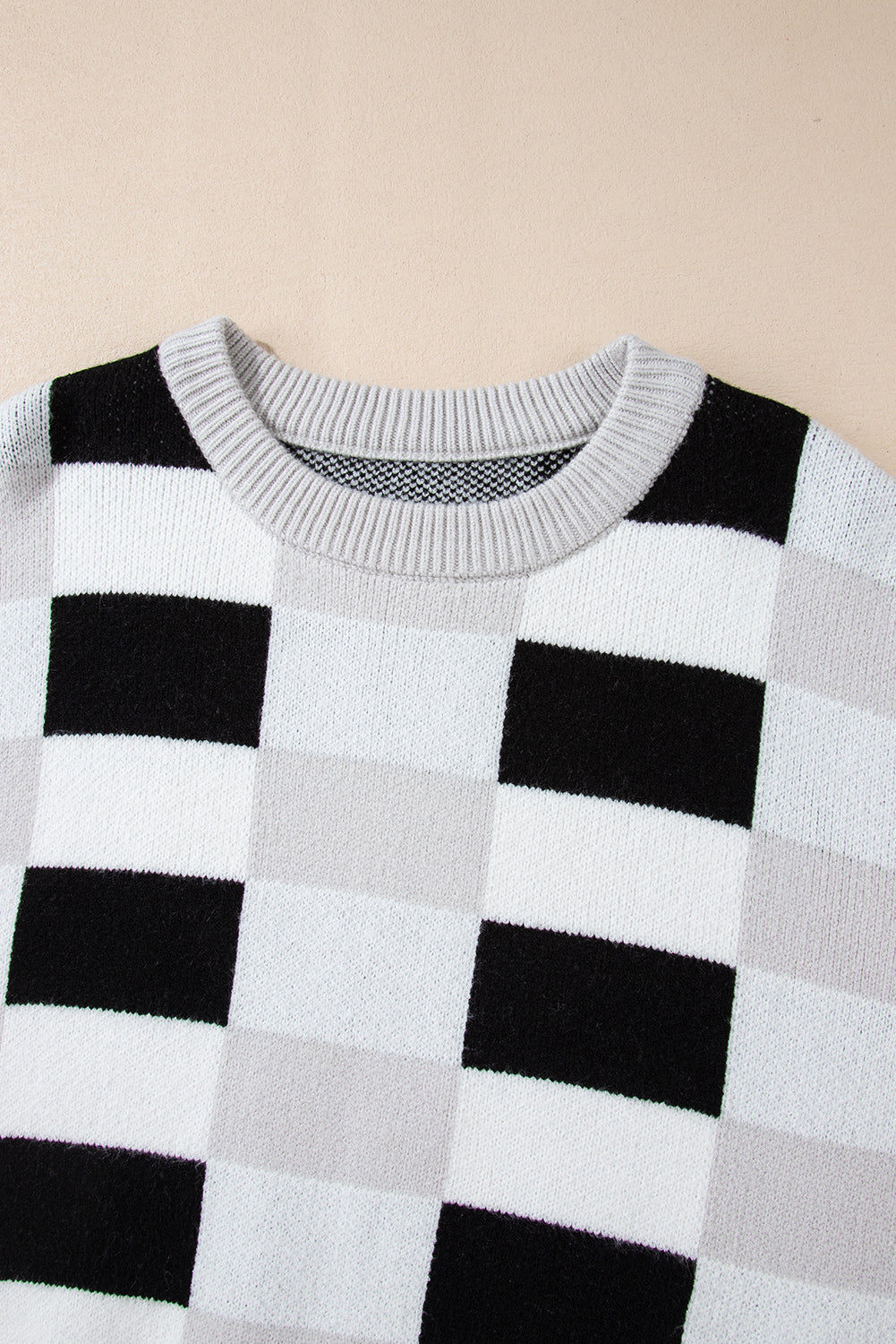 KaleaBoutique Checkered Ribbed Edge O Neck Drop Shoulder Sweater - KaleaBoutique.com
