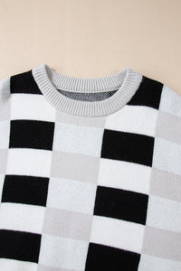 KaleaBoutique Checkered Ribbed Edge O Neck Drop Shoulder Sweater - KaleaBoutique.com