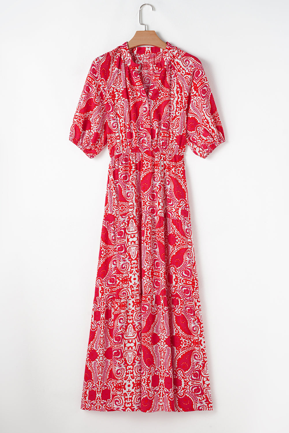 KaleaBoutique Stylish Paisley Print Side Slit Puff Sleeve High Waist Maxi Dress - KaleaBoutique.com