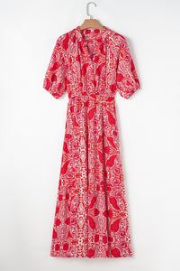 KaleaBoutique Stylish Paisley Print Side Slit Puff Sleeve High Waist Maxi Dress - KaleaBoutique.com