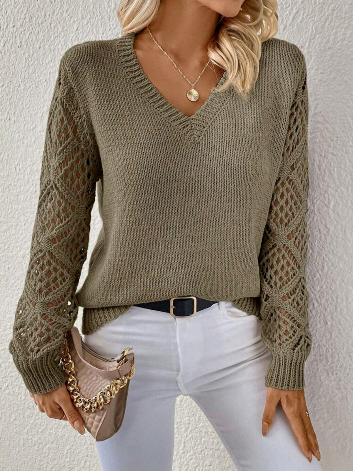 Women's V-Neck Openwork-Sleeve Pullover Sweater - KaleaBoutique.com