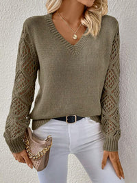 Women's V-Neck Openwork-Sleeve Pullover Sweater - KaleaBoutique.com