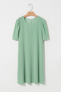 Corded Knit Crew Neck Puff Sleeve Shift Mini Dress - KaleaBoutique.com