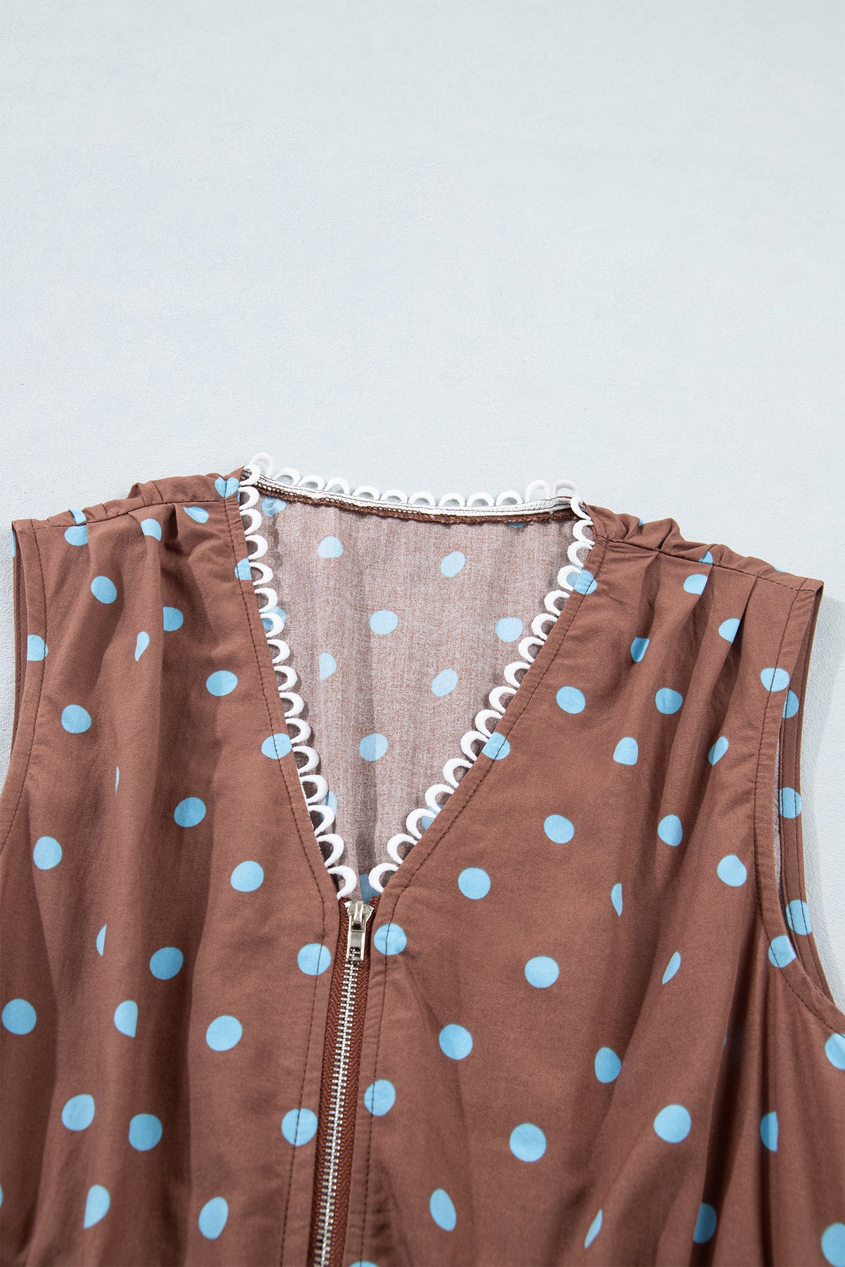 KaleaBoutique Stylish Polka Dot Print Contrast Trim V Neck Zip Up Sleeveless Dress - KaleaBoutique.com
