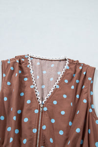 KaleaBoutique Stylish Polka Dot Print Contrast Trim V Neck Zip Up Sleeveless Dress - KaleaBoutique.com