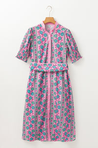 KaleaBoutique Stylish Floral Shirred Puff Sleeve Buttoned Front Midi Dress with Sash - KaleaBoutique.com