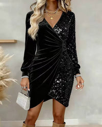 Elegant Sequins Design Long Sleeve Party Dress Women Sexy V Neck Bodycon Dresses For Women Evening Dress Christmas Clothes - KaleaBoutique.com