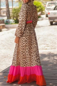 Leopard Color Block V Neck Loose Fit Maxi Dress - KaleaBoutique.com