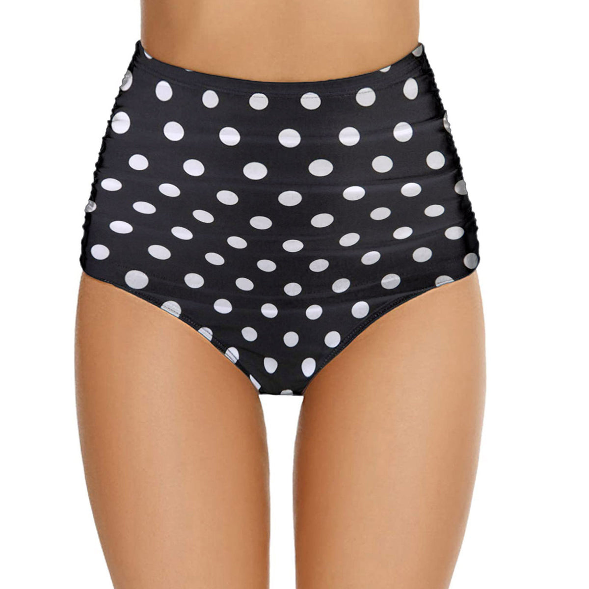 Women's High-Waist Ruched Swim Briefs in Solid and Polka-Dot Styles - KaleaBoutique.com