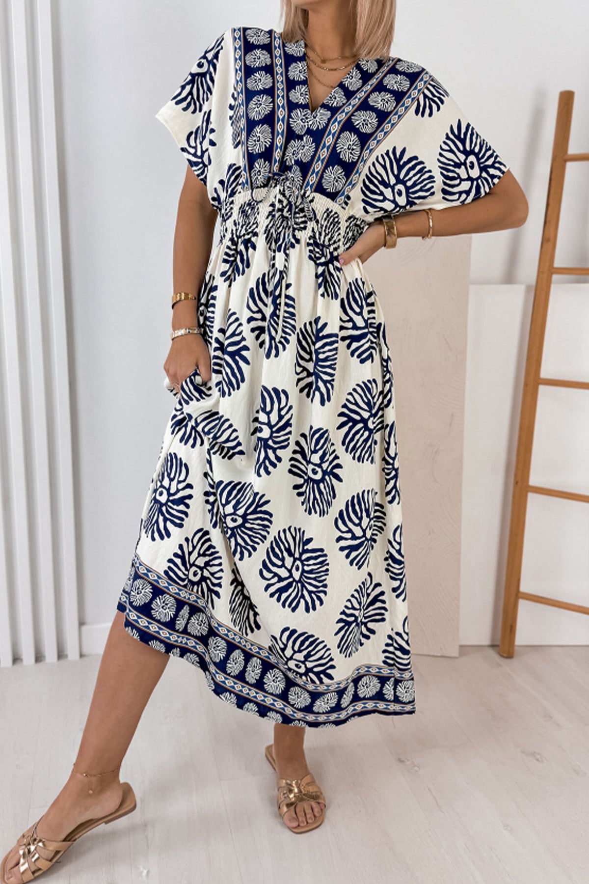 KaleaBoutique Comfortable Boho Floral Print Contrast Patchwork V Neck Dolman Maxi Dress - KaleaBoutique.com