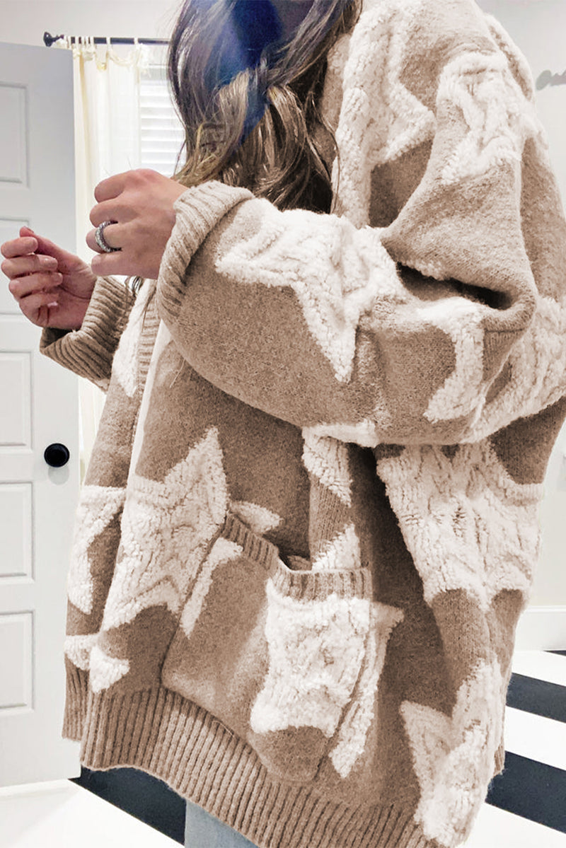 KaleBoutique Stylish Sherpa Star Pattern Textured Sweater Cardigan with Pockets - KaleaBoutique.com