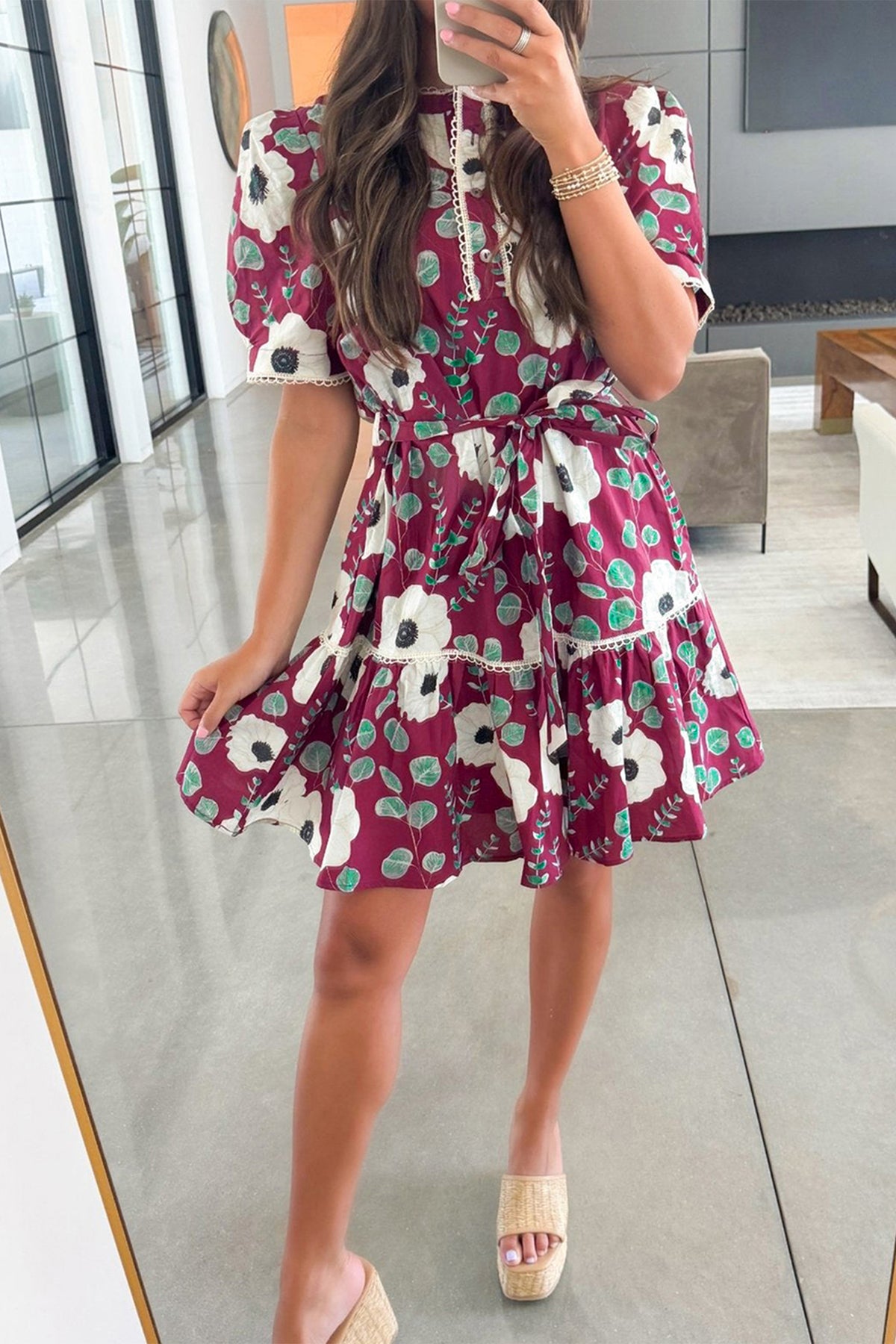 KaleaBoutique Stylish Floral Print Trimmed Short Puff Sleeve Mini Dress with Belt - KaleaBoutique.com