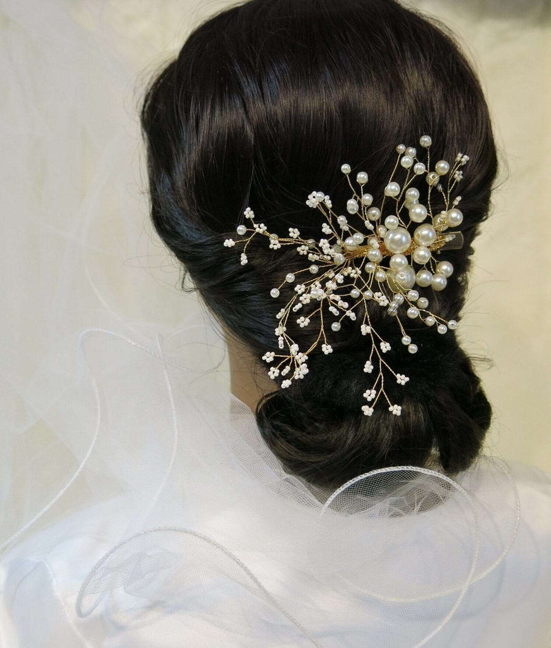 Baby Breath Flowers Pearl Hairclip, Large Bridal Pearl Hairclip, Wedding White Hairpiece, Floral Branch Bridal Alligator Clip - KaleaBoutique.com