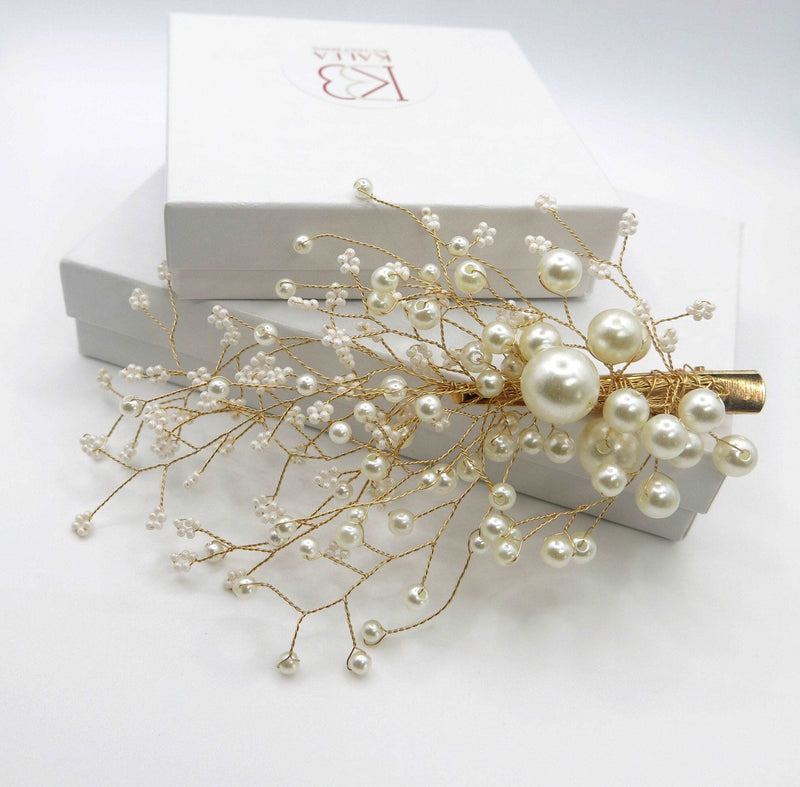 Baby Breath Flowers Gold Wire Hairclip, Large Bridal Pearl Hairclip, Wedding White Hairpiece, Floral Branch Bridal Alligator Clip Hairpiece - KaleaBoutique.com