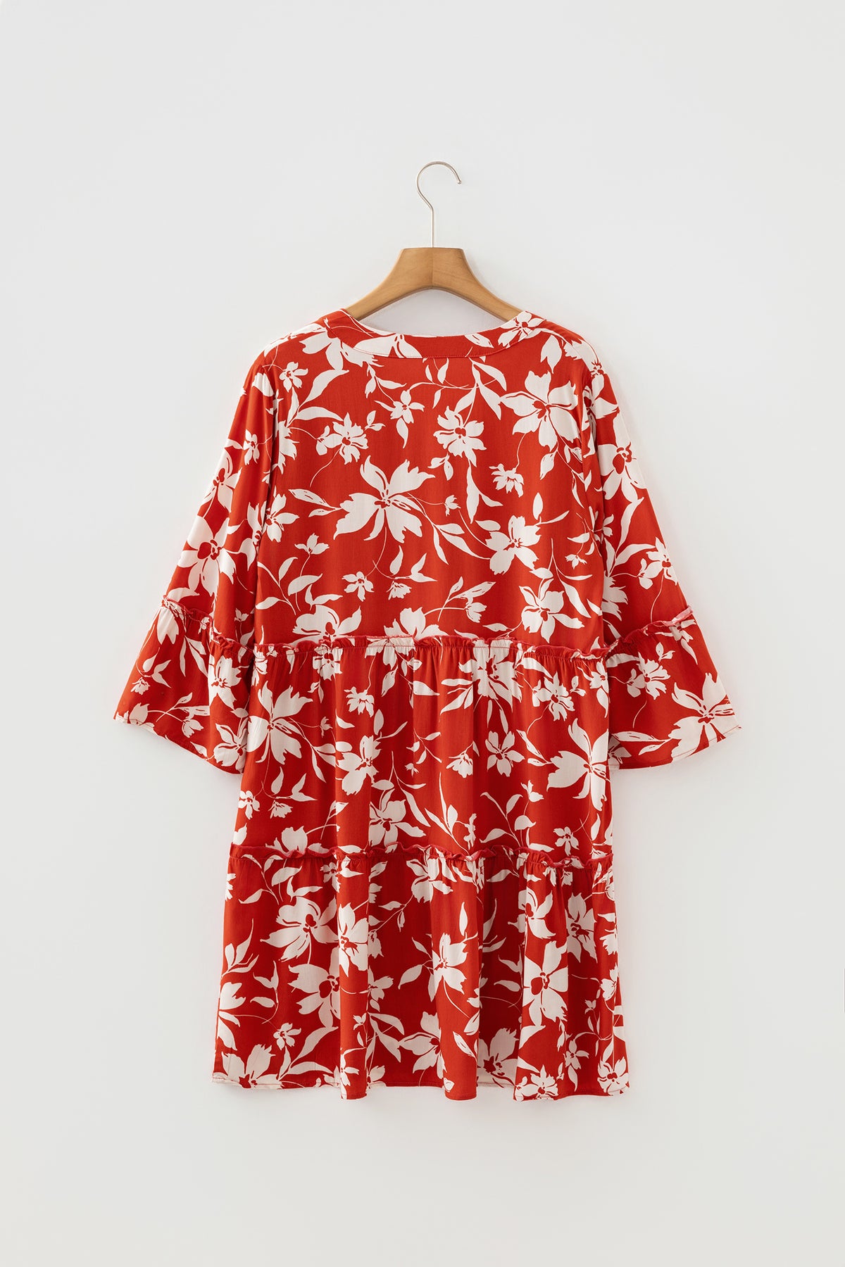Boho Floral Print Lettuce Trim 3/4 Sleeve Mini Dress - KaleaBoutique.com