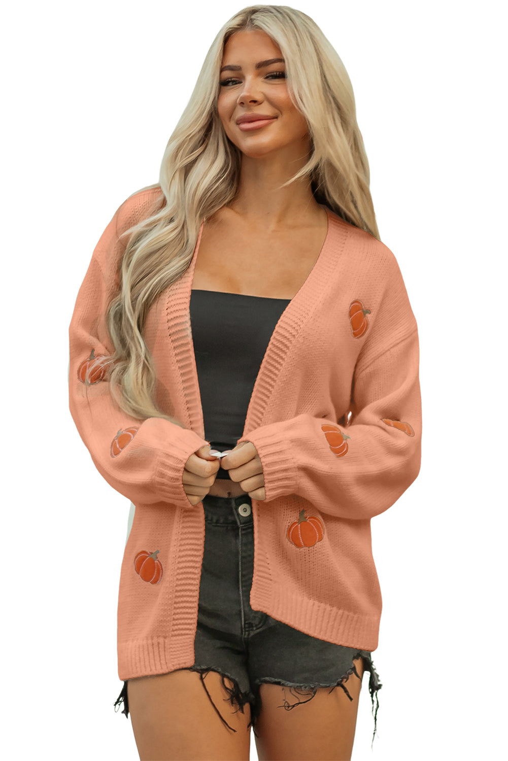 KaleaBoutique Comfortable Pumpkin Print Open Front Drop Shoulder Midi Cardigan - KaleaBoutique.com